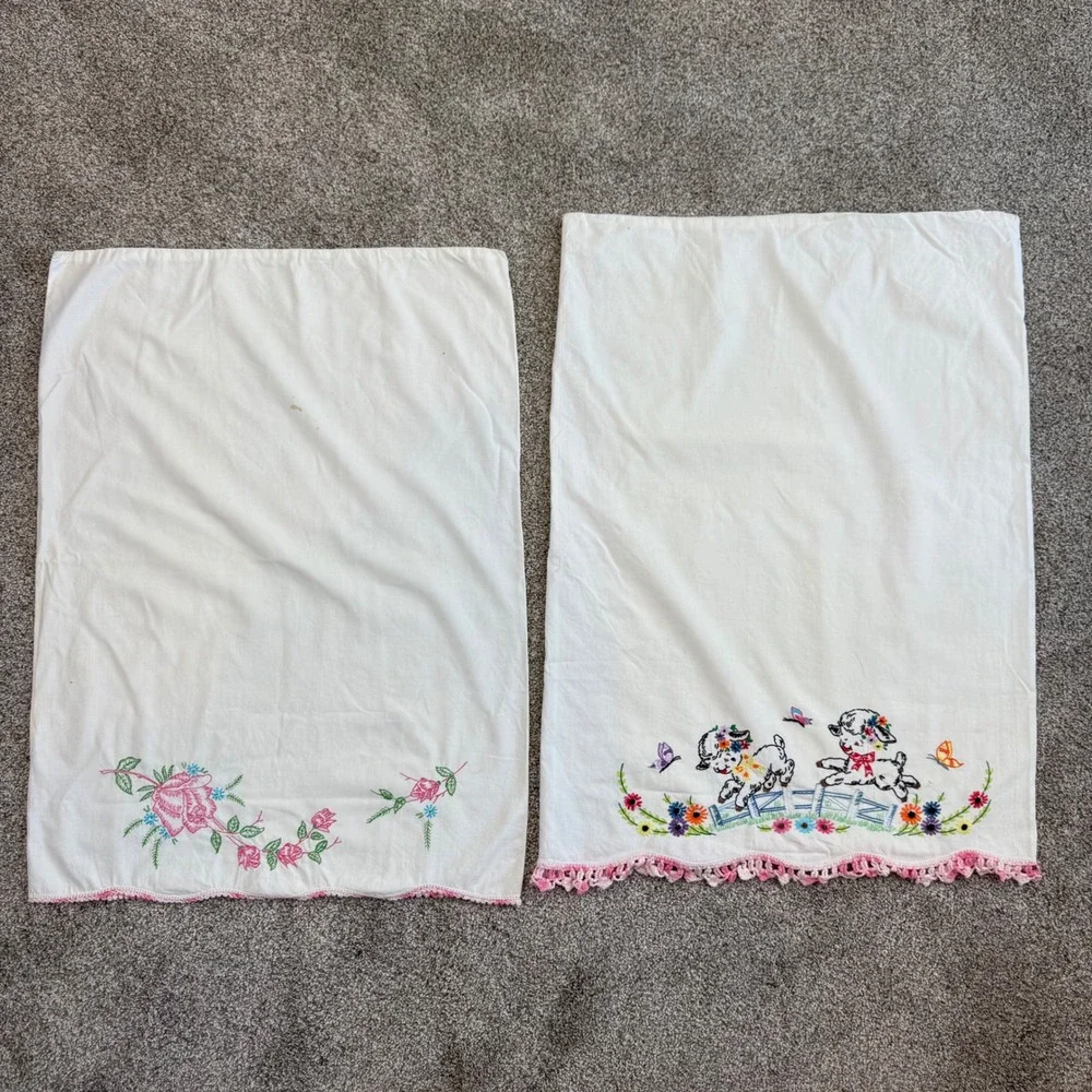Vintage Hand Embroidered Pillowcase Set Lambs Roses Crochet Trim Cottagecore 2pc